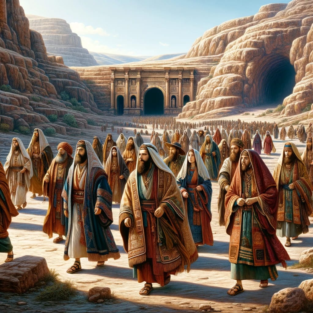 DALL·E 2024 01 14 10.47.29 A group of ancient Jewish people in traditional attire from biblical times depicted realistically and colorfully. They are walking toward the Cave of