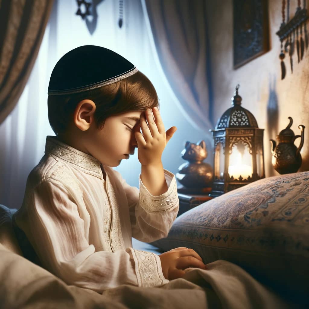 DALL·E 2024 01 15 20.27.19 A touching and realistic image of a young Jewish child in bed saying the Shema Yisrael prayer with his palm gently covering his eyes. The child is