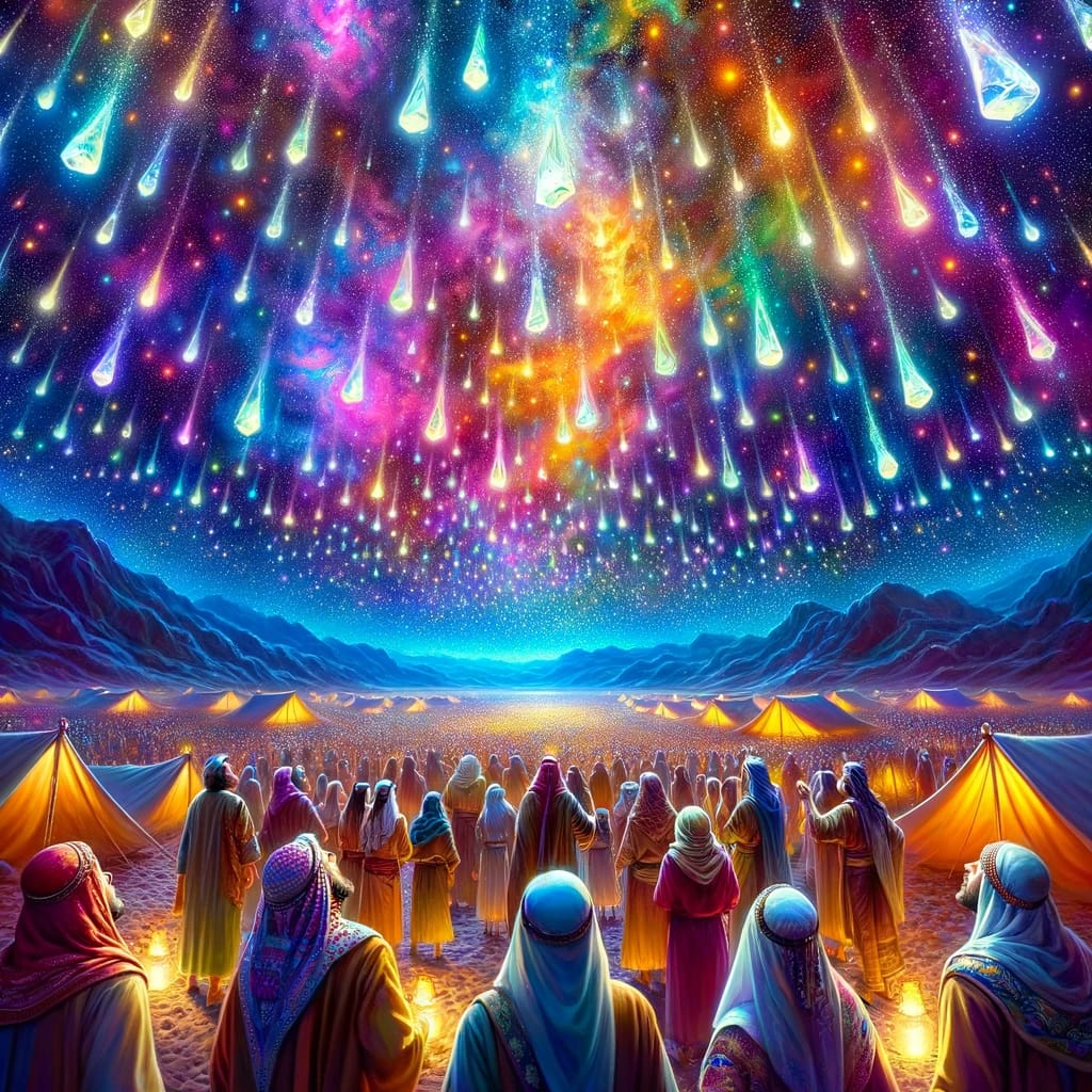 DALL·E 2024 01 22 11.03.51 A bottom up realistic yet colorful depiction of the biblical scene where Manna is raining down from a starry vibrant sky onto an Israelite camp in t