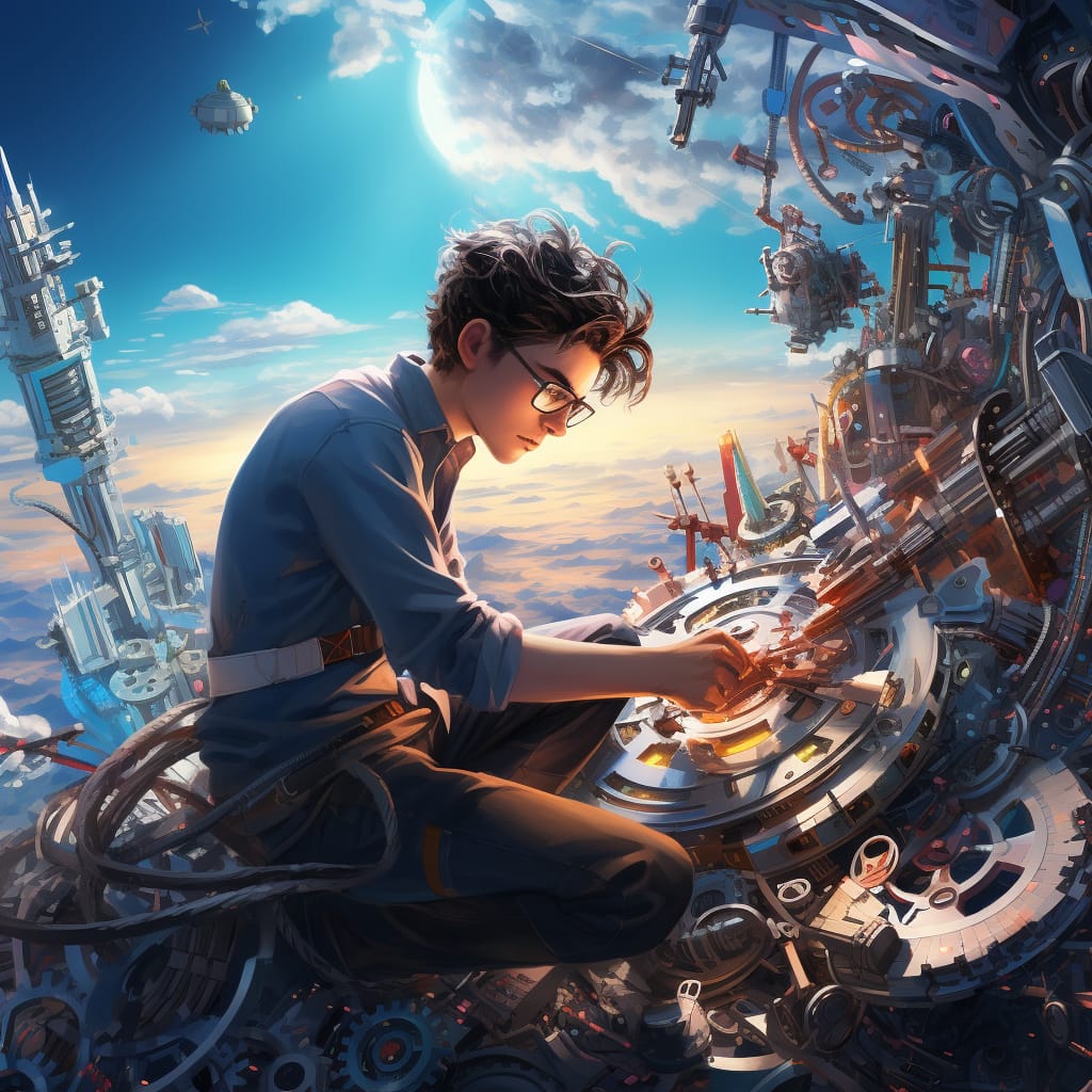 hivartei concept painting of a young male inventor fixing the w 89179904 fb39 4343 bf08 9a98910da41b