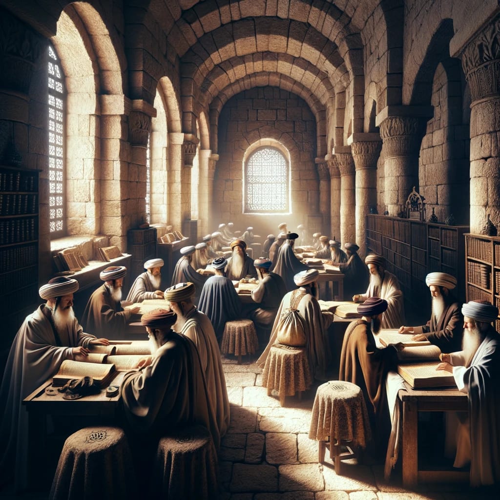 DALL·E 2024 03 05 14.17.41 Recreate the scene of an ancient Beit Midrash in Jerusalem ensuring all sages are wearing small turbans typical of traditional Jewish attire of the