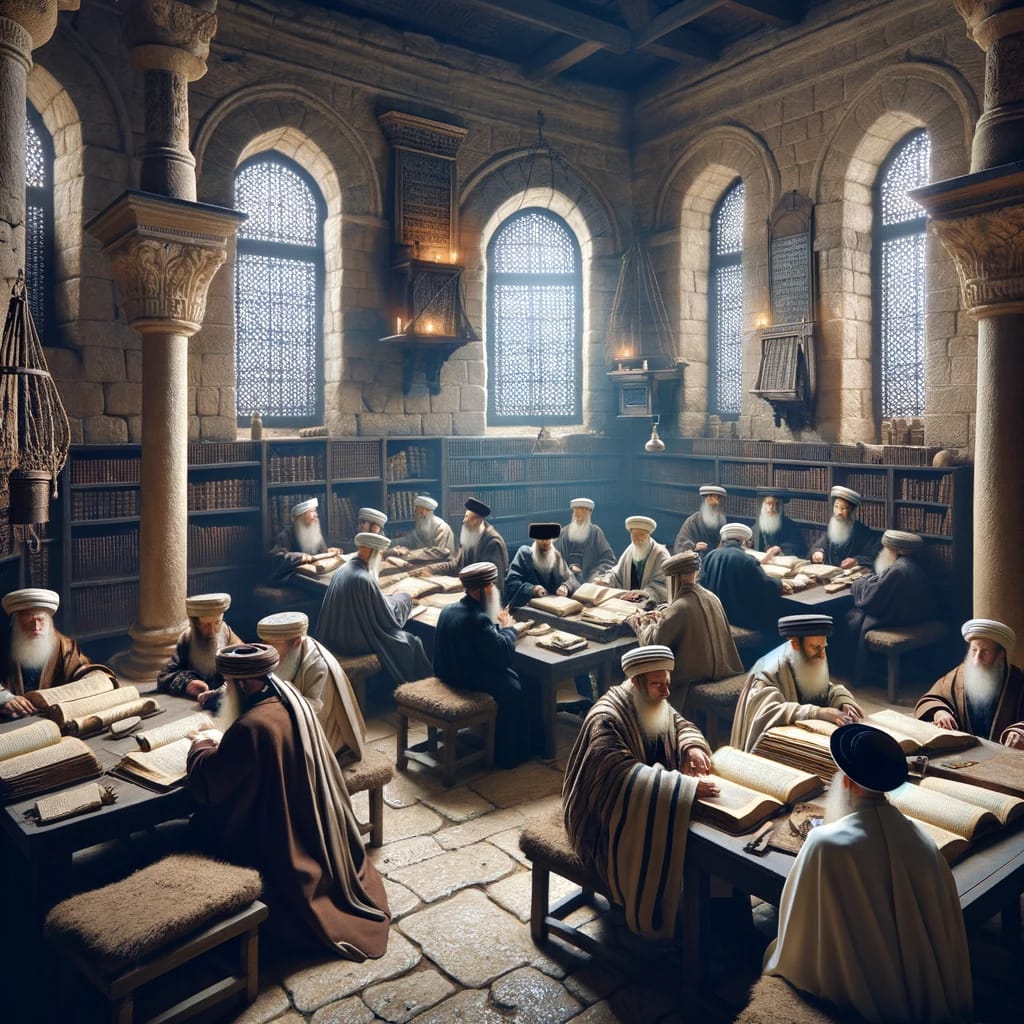 DALL·E 2024 03 05 14.17.46 Recreate the scene of an ancient Beit Midrash in Jerusalem ensuring all sages are wearing small turbans typical of traditional Jewish attire of the