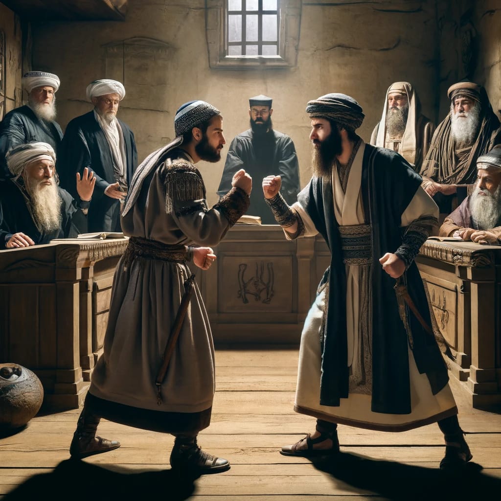 DALL·E 2024 04 01 12.17.08 Two ancient Jewish men are engaged in a fierce discussion in a historical courtroom setting. The men are dressed in traditional Jewish attire relevant