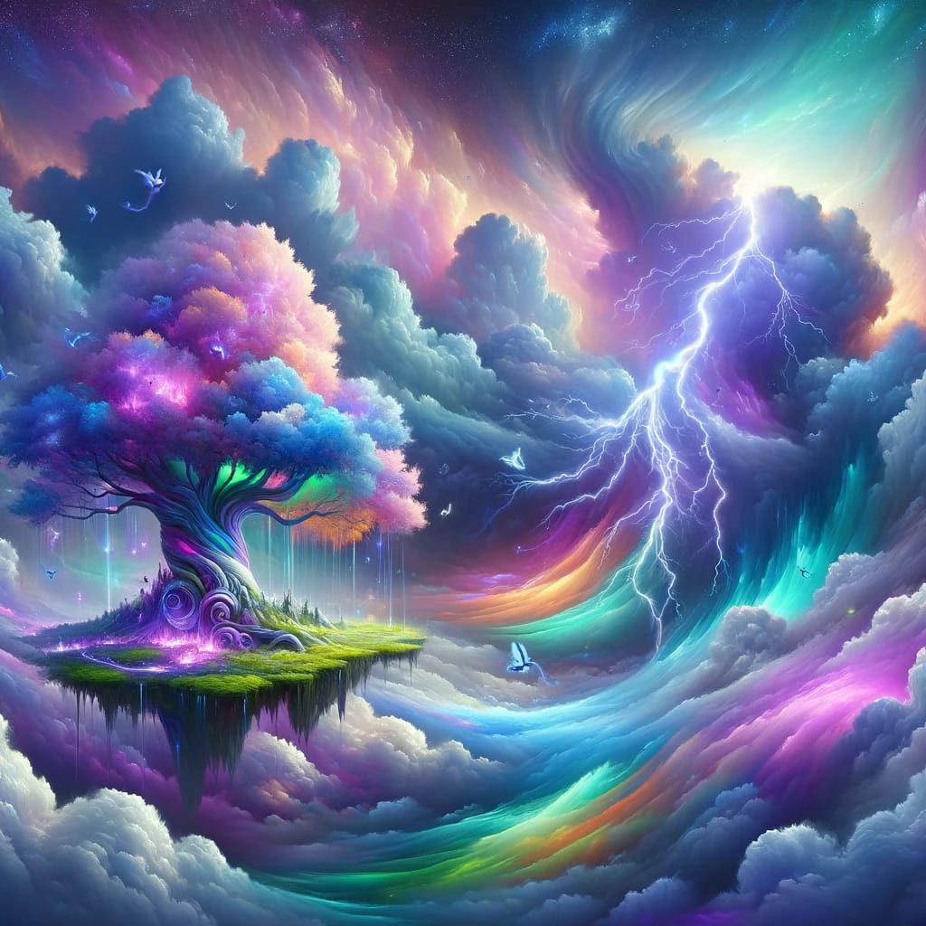 DALL·E 2024 04 02 13.19.51 Enhancing the variance in the magical fantasy style scene of the colorful giant tree on a floating sky island with energy channels lets introduce a