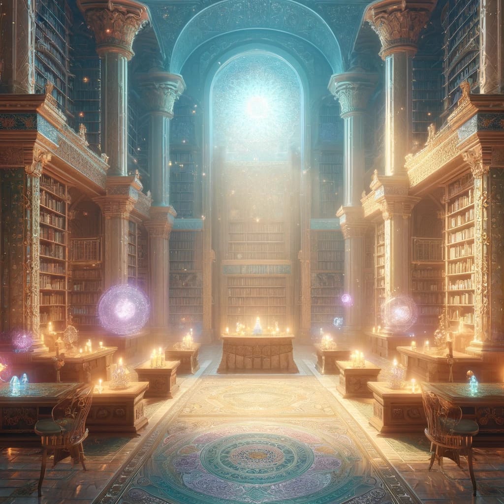 DALL·E 2024 04 03 12.36.13 Reimagine the ancient library scene with a brighter ambiance and softer color palette maintaining the magical and fantastical style. The library now
