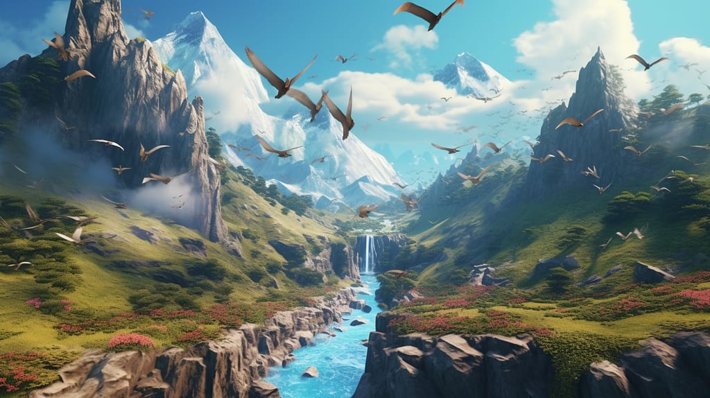 Chaim heavenly mountains with birds flying around and waterfall c2115f18 8ebc 4582 be73 1e592285cbed