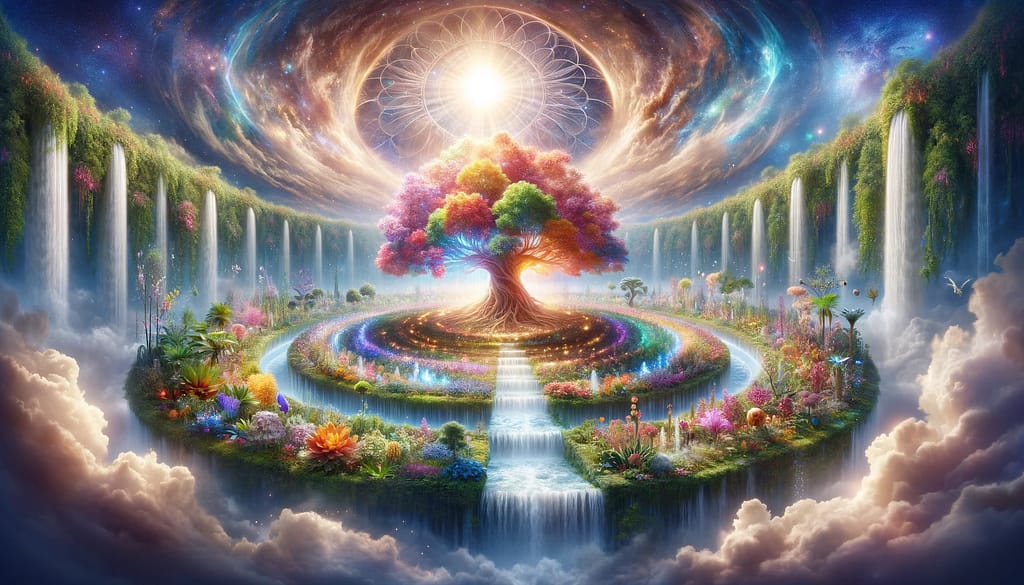 DALL·E 2024 01 08 21.15.34 A concept design of the Tree of Life depicted as a vibrant colorful tree located in the center of a sumptuous lush garden. This garden is brimming