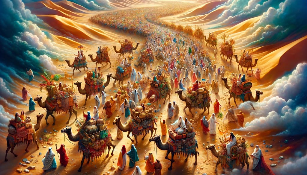 DALL·E 2024 04 04 11.25.34 A top down view of the Exodus from Egypt capturing the joy and relief of the Israelites as they leave. This fantastical image is filled with vibrant