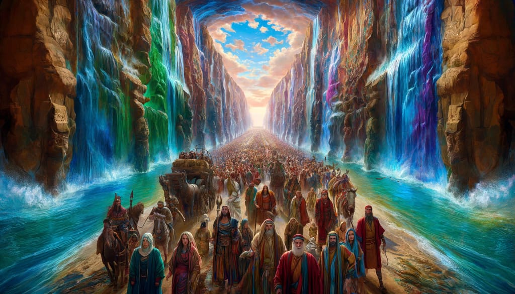DALL·E 2024 04 04 11.29.33 A front view depiction of the Israelites crossing the Red Sea showcasing a magnificent and colorful scene. From this angle we see the faces of the I