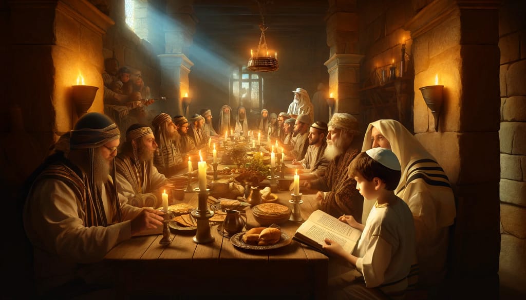 DALL·E 2024 04 04 12.40.25 Capture the essence of a Pesach Passover Seder in a style reminiscent of the miraculous scenes of the Exodus. The image depicts a serene and sacred