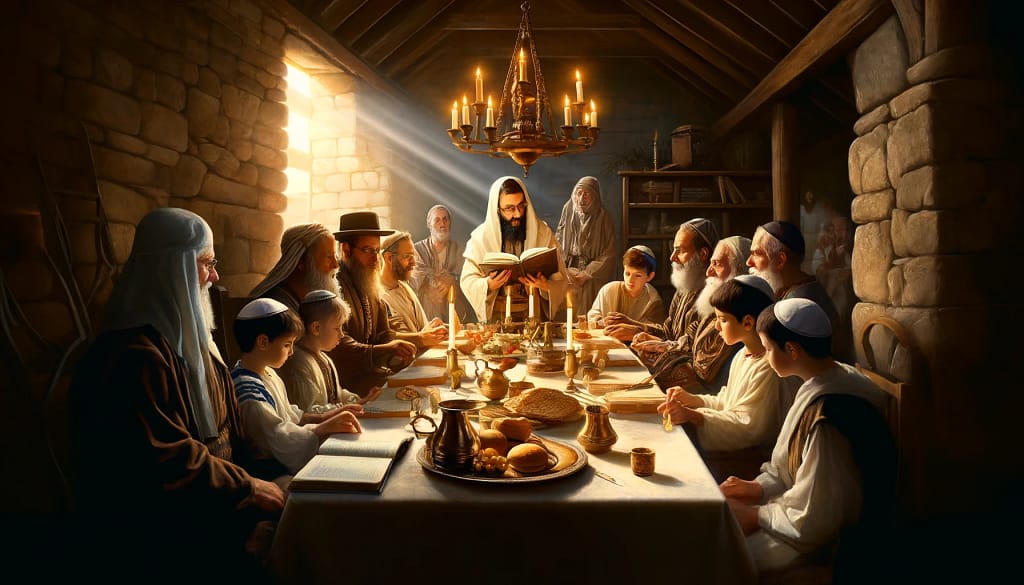 DALL·E 2024 04 04 12.40.34 Capture the essence of a Pesach Passover Seder in a style reminiscent of the miraculous scenes of the Exodus. The image depicts a serene and sacred