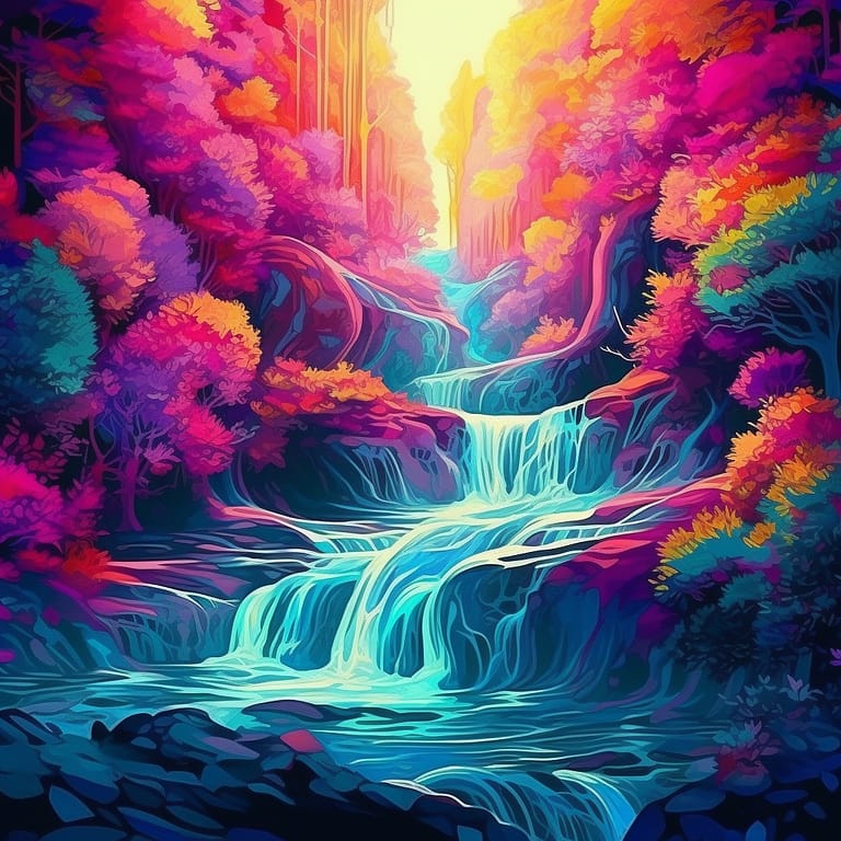 Chaim colorful waterfall in a forest. Psychedelic 4k iridescent 96510053 c5e7 40e2 a7a6 2e68f4aed5f0