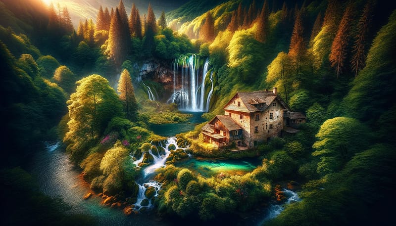 DALL·E 2024 01 09 11.26.16 A vibrant highly detailed landscape image of an ancient house hidden deep in the woods nestled in a valley beside a majestic waterfall. The house is