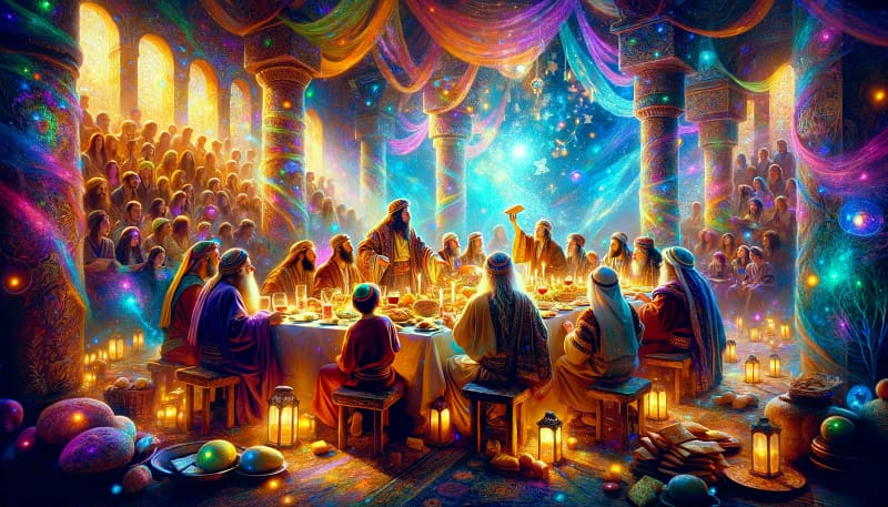 DALL·E 2024 04 04 12.43.08 Imagine a colorful and fantastic depiction of a Pesach Passover Seder where the atmosphere is imbued with the vibrant and mystical essence of the E