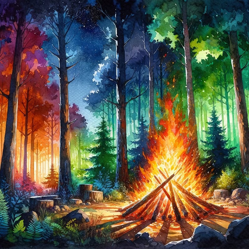 DALL·E 2024 01 23 19.56.08 A watercolor painting of a bonfire in the middle of a forest at night vivid and colorful. The fire should blaze with an array of warm colors includi