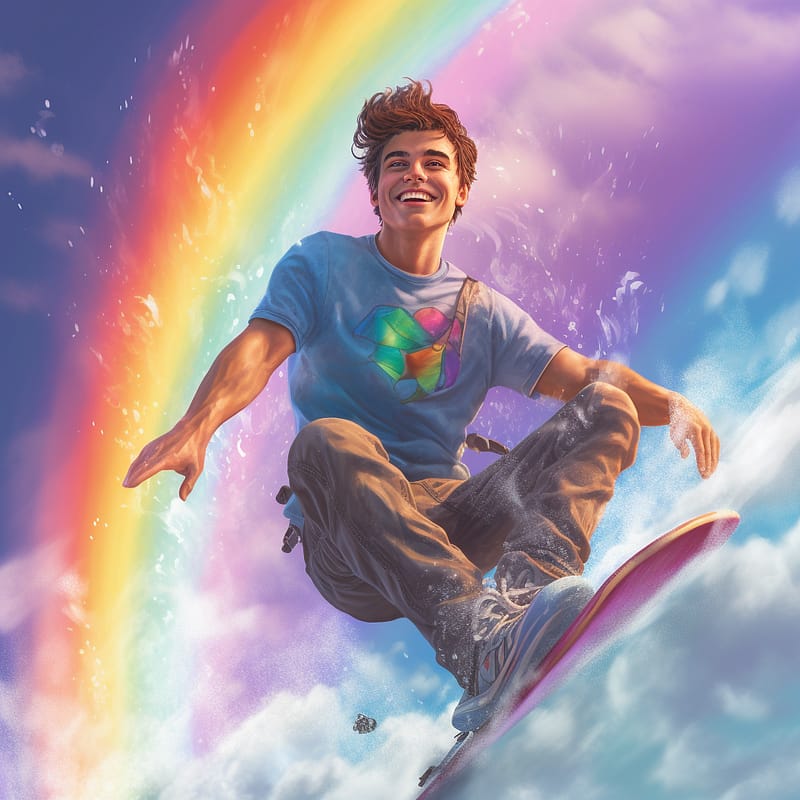 Chaim a young man smiling while surfing down a rainbow over the 0bd1a514 5efb 48b2 b36d 4e6a5d05a13d