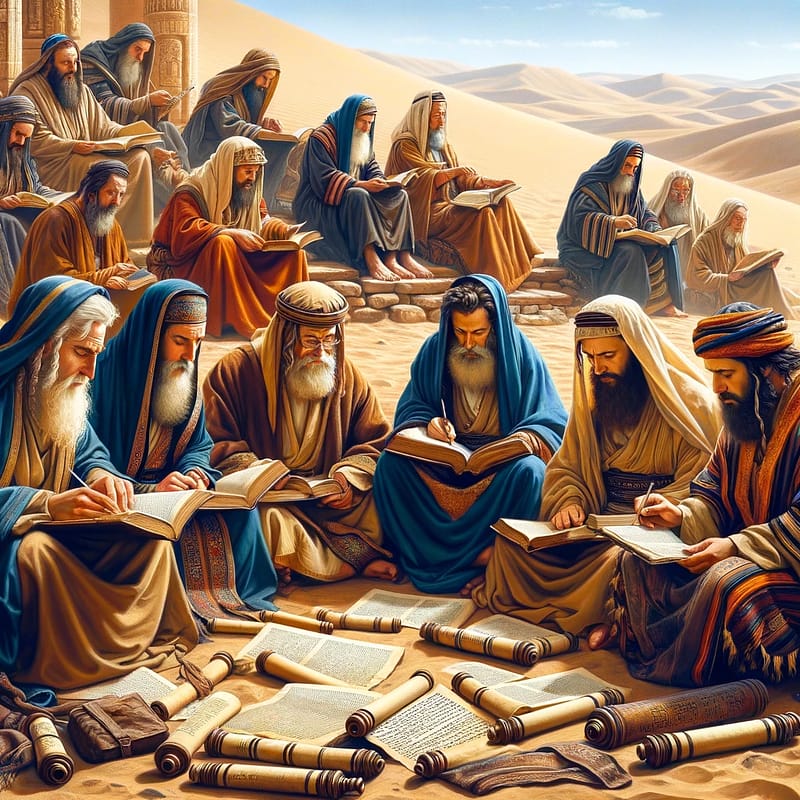 DALL·E 2024 01 14 11.33.29 A group of holy religious Jews from ancient times depicted realistically and colorfully engaged in studying together in the middle of the desert. T 1