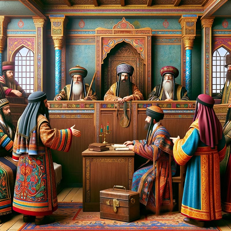 DALL·E 2024 01 15 20.23.09 A colorful and realistic image of an ancient Jewish courtroom scene with all three judges and the disputing individuals wearing traditional Sephardic