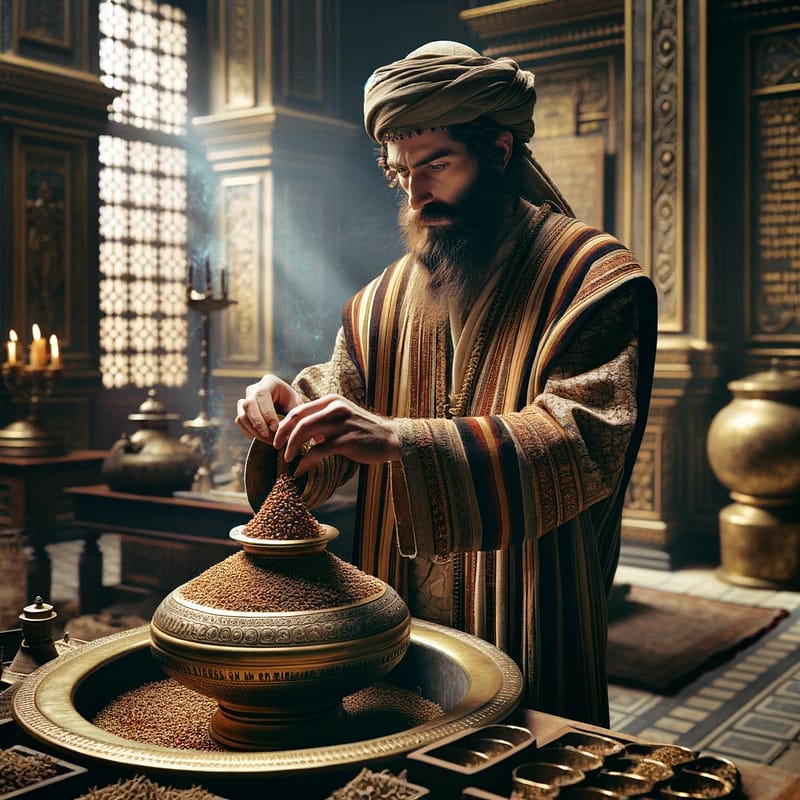 DALL·E 2024 01 19 11.04.43 An ancient Kohen dressed in traditional Temple garments is meticulously preparing the holy incense in a historical setting. He is carefully placing