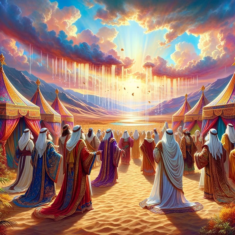 DALL·E 2024 01 21 21.39.52 A majestic and colorful scene depicting the biblical event of Manna raining from heaven onto an Israelite camp in the desert with all individuals app