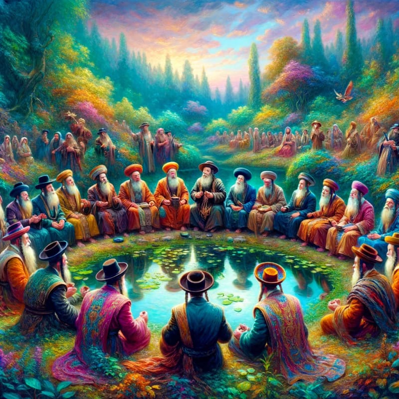 DALL·E 2024 03 26 12.48.07 An oil painting depicting ancient Jewish men each wearing a small colorful turban gathered around a serene pond in a vibrant lush landscape. The m