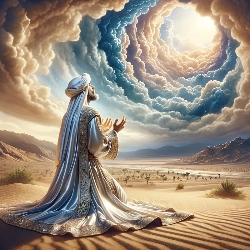DALL·E 2024 01 31 22.06.42 An image of a prophet dressed in royal shiny white clothes praying in the desert. The scene captures a moment of divine connection as the sky above