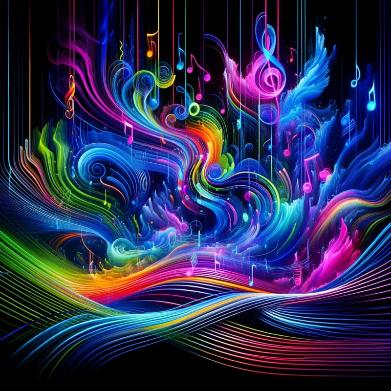 DALL·E 2024 03 06 13.49.00 Imagine a vivid and colorful abstract representation of music patterns where bright colors like electric blue neon pink and lime green swirl and in