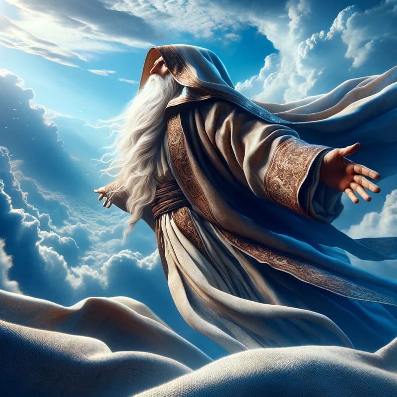 DALL·E 2024 03 06 18.26.32 Visualize an awe inspiring ancient Jewish prophet draped in traditional robes with a hood covering his head soaring through the vast blue sky. His l