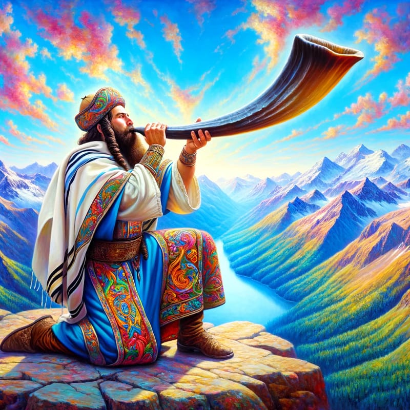 DALL·E 2024 03 26 12.51.55 An oil painting vibrant and colorful showing an ancient Jewish man on top of a mountain not wearing a tallit. He is dressed in traditional attire 1 1