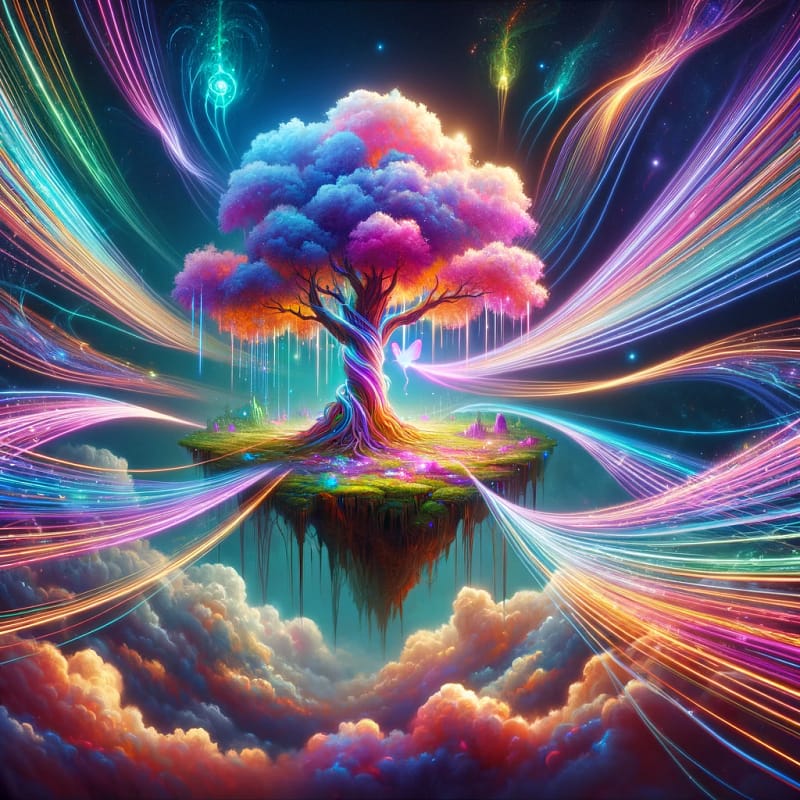 DALL·E 2024 04 02 13.18.29 Expanding on the magical fantasy style of the colorful giant tree on a floating sky island we now introduce vibrant energy channels that weave and f