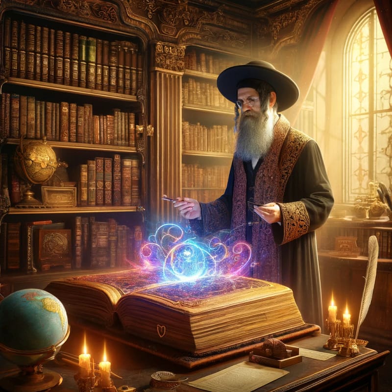 DALL·E 2024 04 04 10.58.59 An ancient Jewish man with a long beard and traditional attire stands in his richly decorated wood paneled office. He is about to open a large orn
